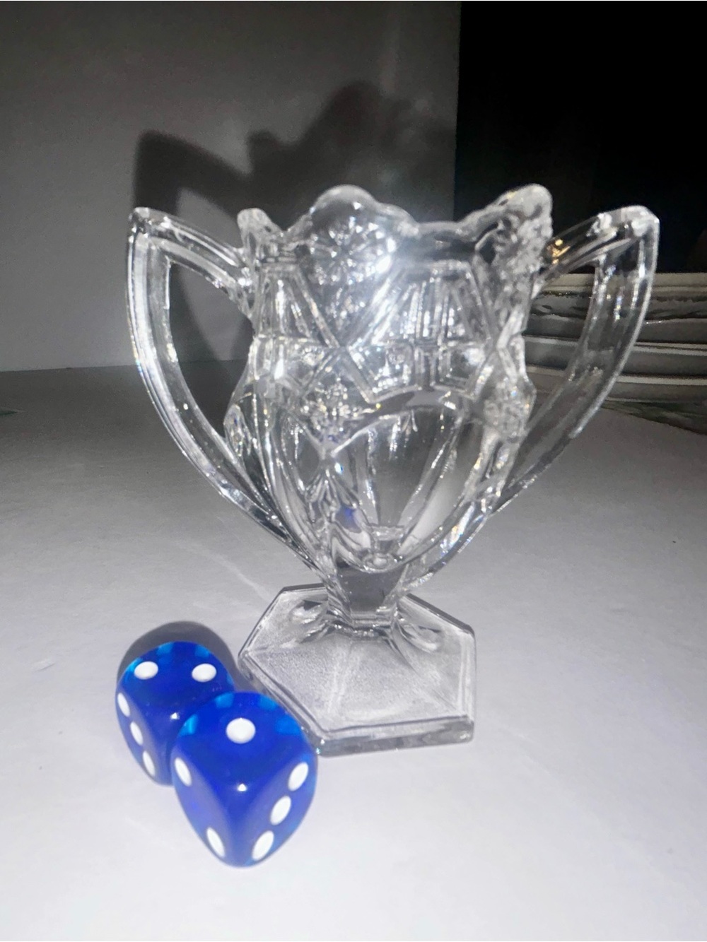 Clear Pressed Glass Maj Jong Dice Caddy with dice